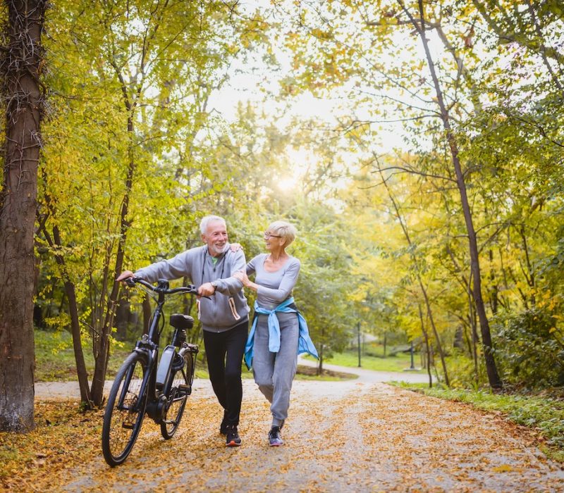 Cheerful active senior couple with bicycles walking through park together. Perfect activities for elderly people.